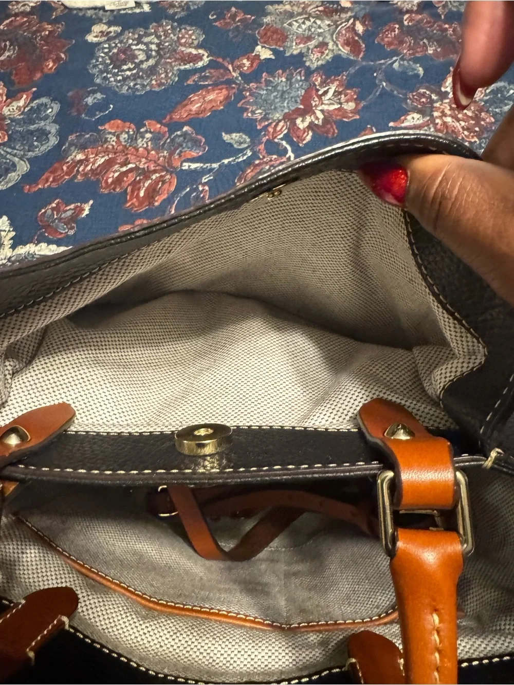 Dooney & Bourke Black Pebbled Leather Satchel with Brown Trim